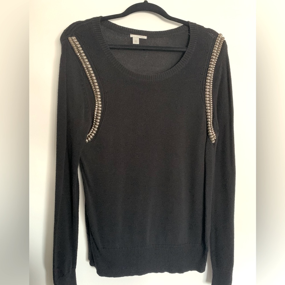 Halogen Knot Long Sleeve Top with Metal Shoulder Detailing, Black, Size Large
